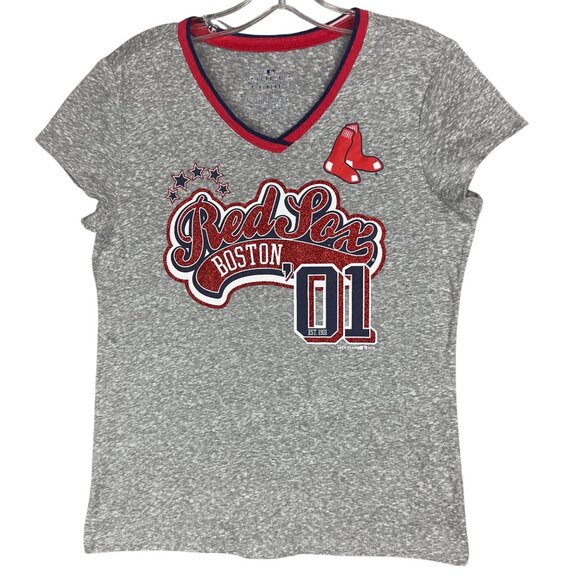 Boston Red Sox Womens 18 Heather Gray V-Neck Bling Graphic Tee By 5th & Ocean - Picture 1 of 10